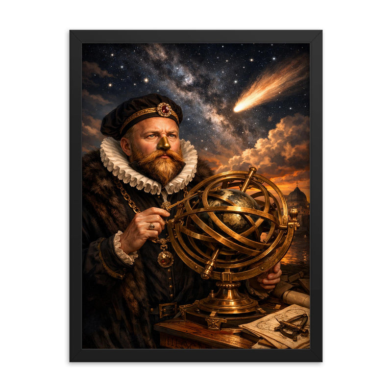 Tycho Brahe with brass armillary and comet framed print on a plain backdrop in size 18