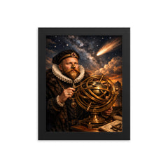 Tycho Brahe with brass armillary and comet framed print on a plain backdrop in size 8"x10".