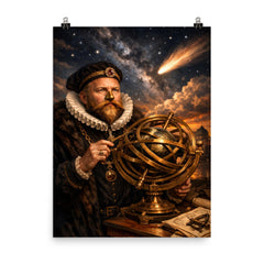 Tycho Brahe with brass armillary and comet poster on a plain backdrop in size 8"x10".