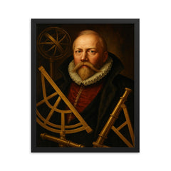 Tycho Brahe with brass instruments and artificial nose framed print on a plain backdrop in size 16"x20".