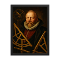 Tycho Brahe with brass instruments and artificial nose framed print on a plain backdrop in size 18"x24".
