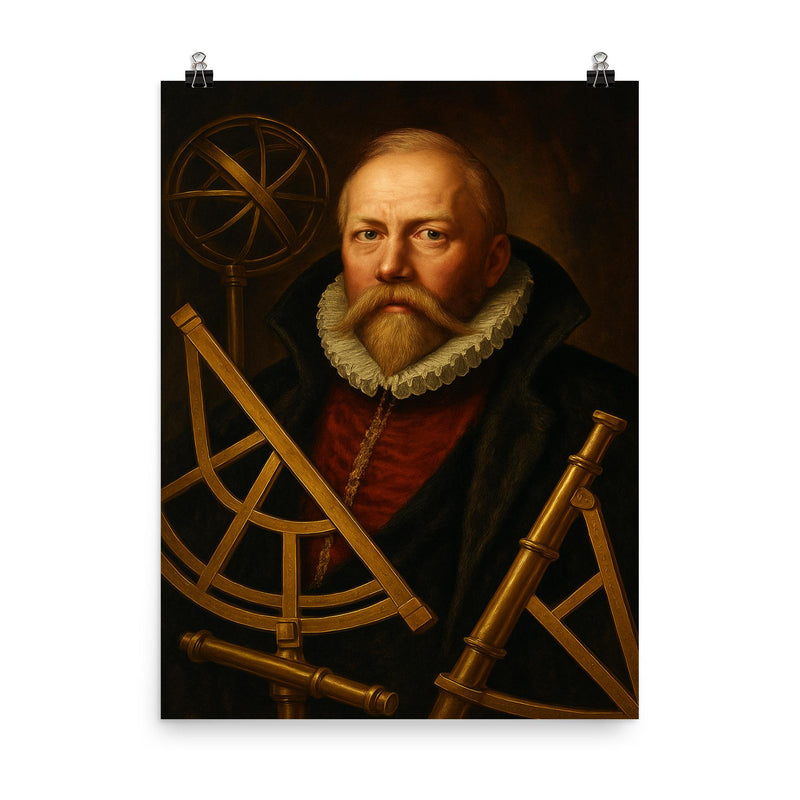 Tycho Brahe with brass instruments and artificial nose poster on a plain backdrop in size 8