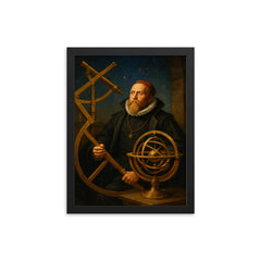 Tycho Brahe with brass observatory instruments framed print on a plain backdrop in size 12"x16".
