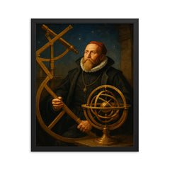Tycho Brahe with brass observatory instruments framed print on a plain backdrop in size 16"x20".