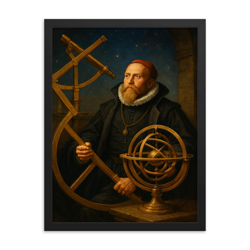Tycho Brahe with brass observatory instruments framed print on a plain backdrop in size 18