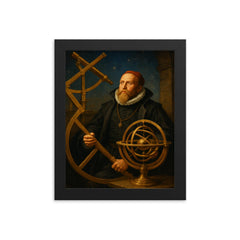 Tycho Brahe with brass observatory instruments framed print on a plain backdrop in size 8"x10".