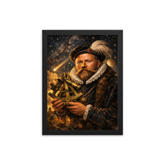 Tycho Brahe with golden nose and sextant framed print on a plain backdrop in size 12"x16".