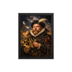 Tycho Brahe with golden nose and sextant framed print on a plain backdrop in size 12"x16".