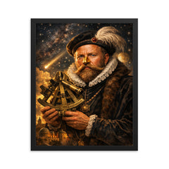 Tycho Brahe with golden nose and sextant framed print on a plain backdrop in size 16"x20".