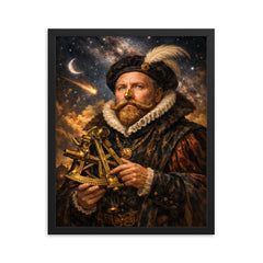 Tycho Brahe with golden nose and sextant framed print on a plain backdrop in size 16"x20".