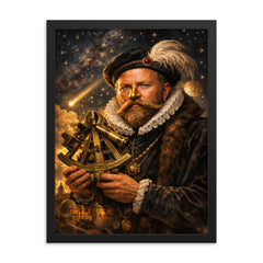 Tycho Brahe with golden nose and sextant framed print on a plain backdrop in size 18"x24".