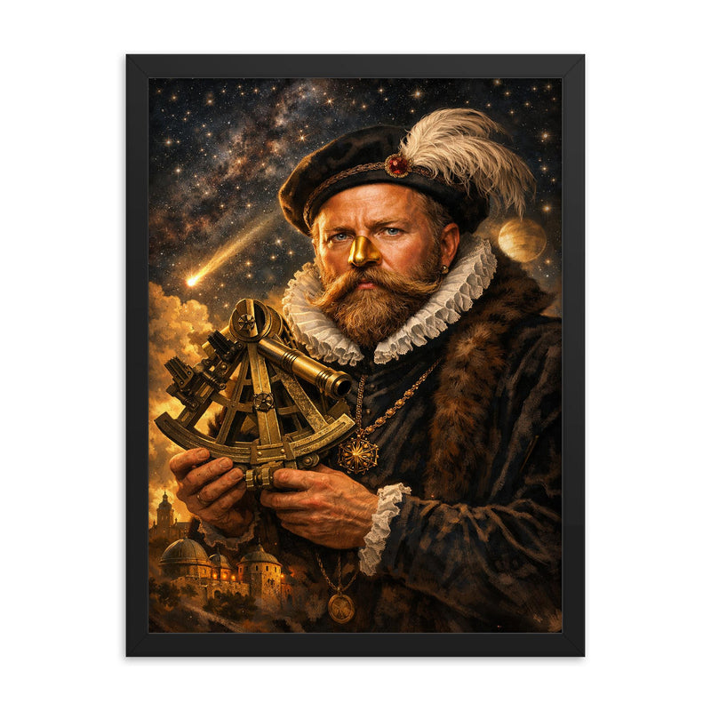 Tycho Brahe with golden nose and sextant framed print on a plain backdrop in size 18