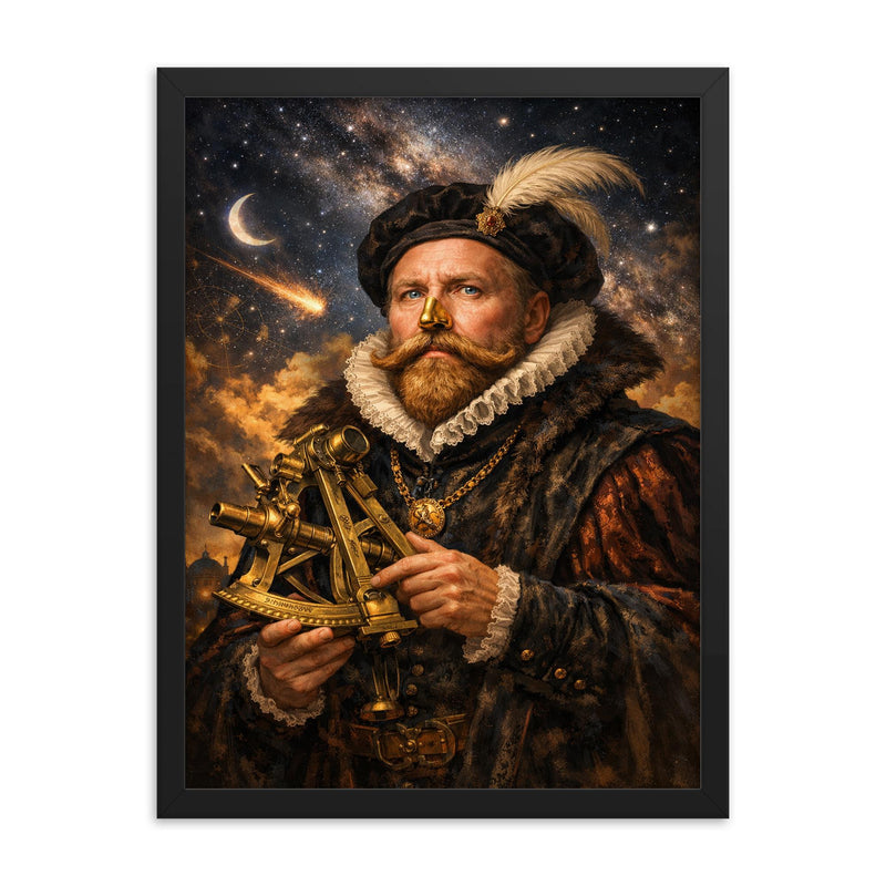 Tycho Brahe with golden nose and sextant framed print on a plain backdrop in size 18