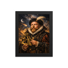 Tycho Brahe with golden nose and sextant framed print on a plain backdrop in size 8"x10".