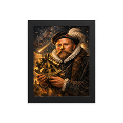 Tycho Brahe with golden nose and sextant framed print on a plain backdrop in size 8"x10".