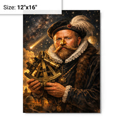 Tycho Brahe with golden nose and sextant metal print on a plain backdrop in size 12"x16".