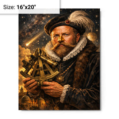 Tycho Brahe with golden nose and sextant metal print on a plain backdrop in size 16"x20".