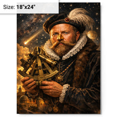 Tycho Brahe with golden nose and sextant metal print on a plain backdrop in size 18"x24".