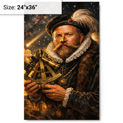 Tycho Brahe with golden nose and sextant metal print on a plain backdrop in size 24"x36".