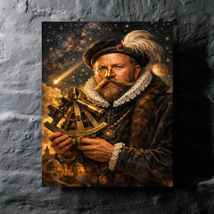 Tycho Brahe with golden nose and sextant metal print mockup
