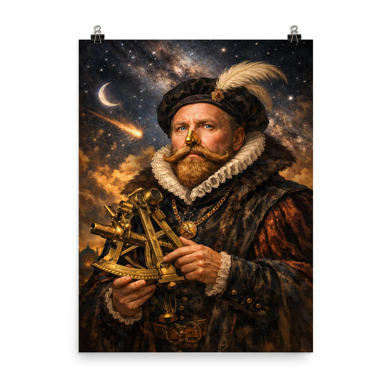 Tycho Brahe with golden nose and sextant poster on a plain backdrop in size 8