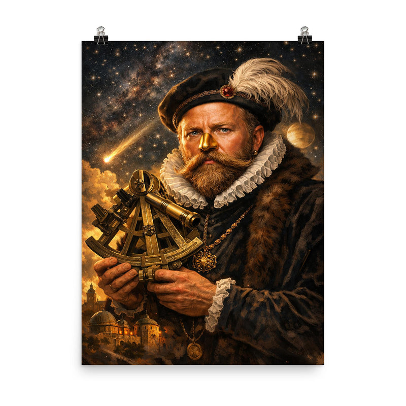 Tycho Brahe with golden nose and sextant poster on a plain backdrop in size 8