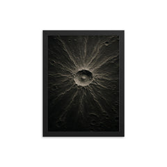 Tycho crater lunar relief in silver shadow framed print on a plain backdrop in size 12"x16".