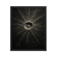 Tycho crater lunar relief in silver shadow framed print on a plain backdrop in size 16"x20".