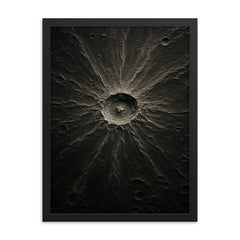 Tycho crater lunar relief in silver shadow framed print on a plain backdrop in size 18"x24".