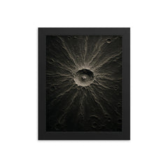 Tycho crater lunar relief in silver shadow framed print on a plain backdrop in size 8"x10".