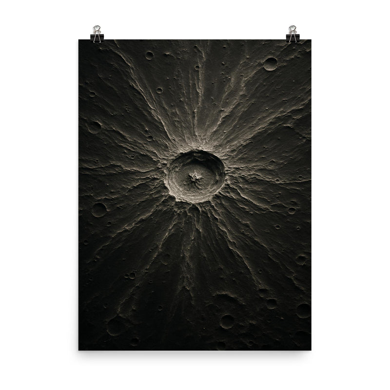 Tycho crater lunar relief in silver shadow poster on a plain backdrop in size 8