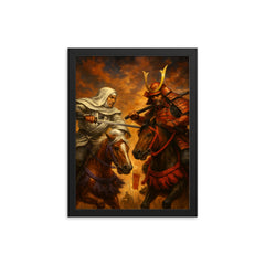 Uesugi Kenshin confronting Takeda Shingen on horseback framed print on a plain backdrop in size 12"x16".
