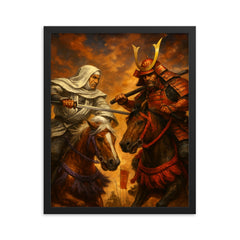 Uesugi Kenshin confronting Takeda Shingen on horseback framed print on a plain backdrop in size 16"x20".