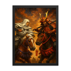 Uesugi Kenshin confronting Takeda Shingen on horseback framed print on a plain backdrop in size 18"x24".