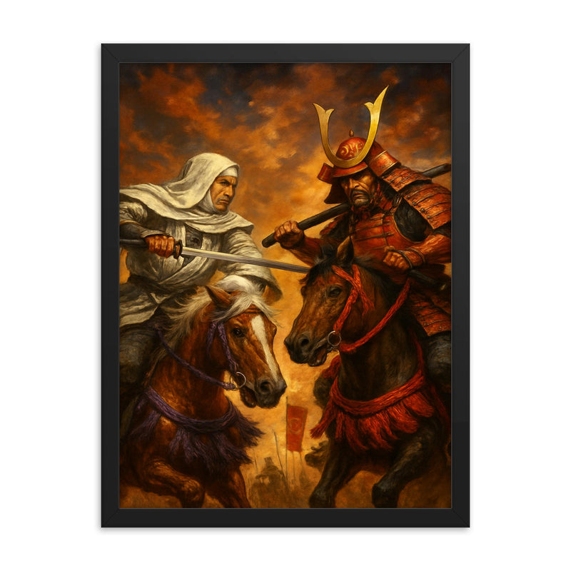 Uesugi Kenshin confronting Takeda Shingen on horseback framed print on a plain backdrop in size 18