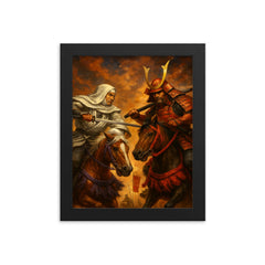 Uesugi Kenshin confronting Takeda Shingen on horseback framed print on a plain backdrop in size 8"x10".
