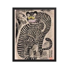 Ukiyo Talismanic Tiger Japanese Korean Minhwa Style Art framed print on a plain backdrop in size 16"x20".