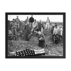 US Marine Colonel Francis Fenton Conducting the Funeral of His Son Private First Class Mike Fenton, Okinawa, 1945 framed print on a plain backdrop in size 18"x24".