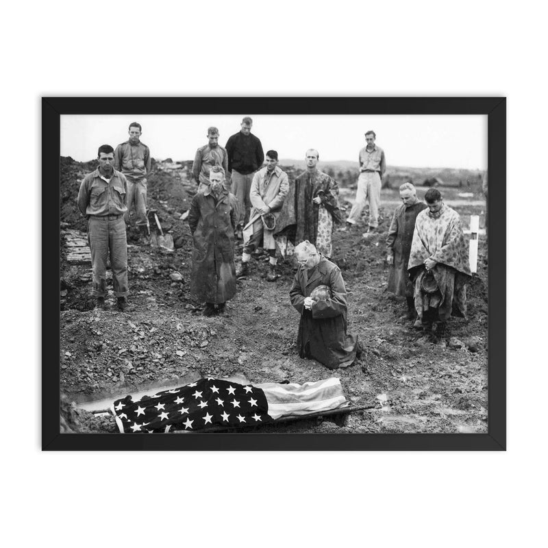 US Marine Colonel Francis Fenton Conducting the Funeral of His Son Private First Class Mike Fenton, Okinawa, 1945 framed print on a plain backdrop in size 18