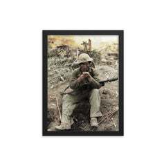 US Marine with M2-2 Flamethrower Lighting a Pipe, Iwo Jima in Background framed print on a plain backdrop in size 12"x16".
