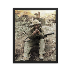 US Marine with M2-2 Flamethrower Lighting a Pipe, Iwo Jima in Background framed print on a plain backdrop in size 16"x20".