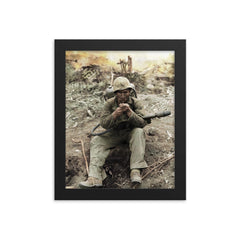 US Marine with M2-2 Flamethrower Lighting a Pipe, Iwo Jima in Background framed print on a plain backdrop in size 8"x10".