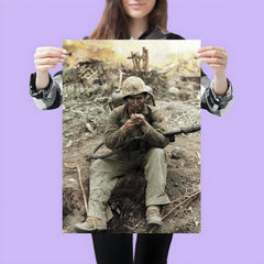 US Marine with M2-2 Flamethrower Lighting a Pipe, Iwo Jima in Background poster 3