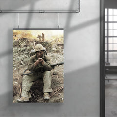 US Marine with M2-2 Flamethrower Lighting a Pipe, Iwo Jima in Background poster 4