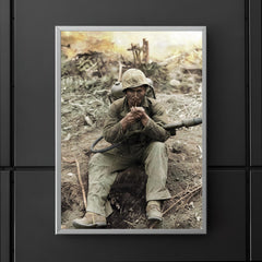 US Marine with M2-2 Flamethrower Lighting a Pipe, Iwo Jima in Background poster 5