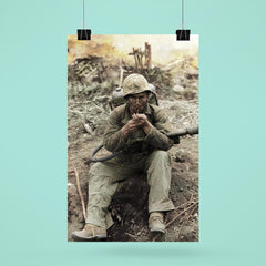 US Marine with M2-2 Flamethrower Lighting a Pipe, Iwo Jima in Background poster 6