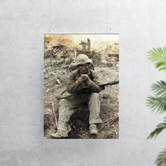 US Marine with M2-2 Flamethrower Lighting a Pipe, Iwo Jima in Background poster 7