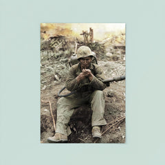 US Marine with M2-2 Flamethrower Lighting a Pipe, Iwo Jima in Background poster 8