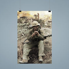US Marine with M2-2 Flamethrower Lighting a Pipe, Iwo Jima in Background poster 9