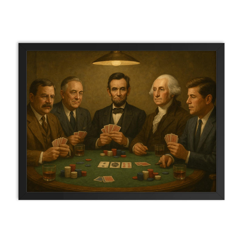 US Presidents playing poker framed print on a plain backdrop in size 18